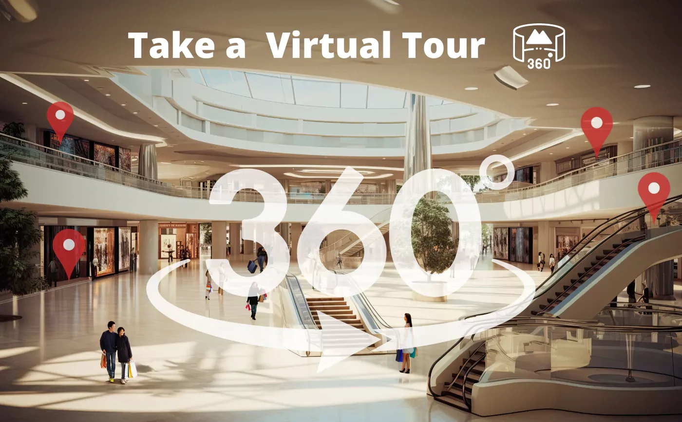 Interactive 360-degree virtual tour of a shopping mall with location waypoints