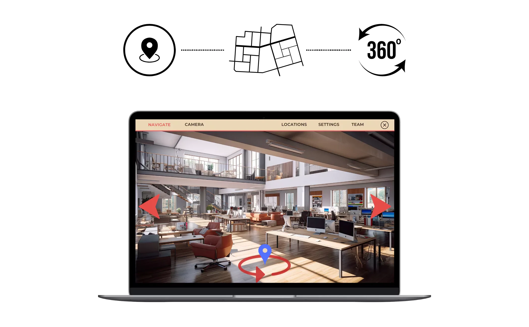 360-degree virtual tour editor interface with map navigation and panoramic view