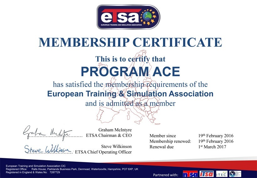 ETSA membership certificate