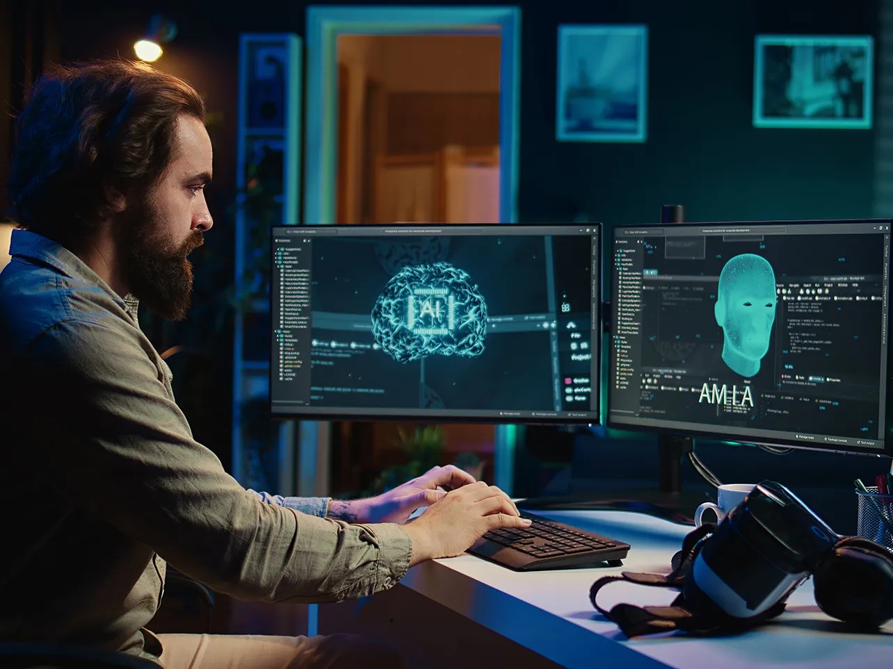 AI development specialist working with machine learning models and digital avatar software across multiple monitors