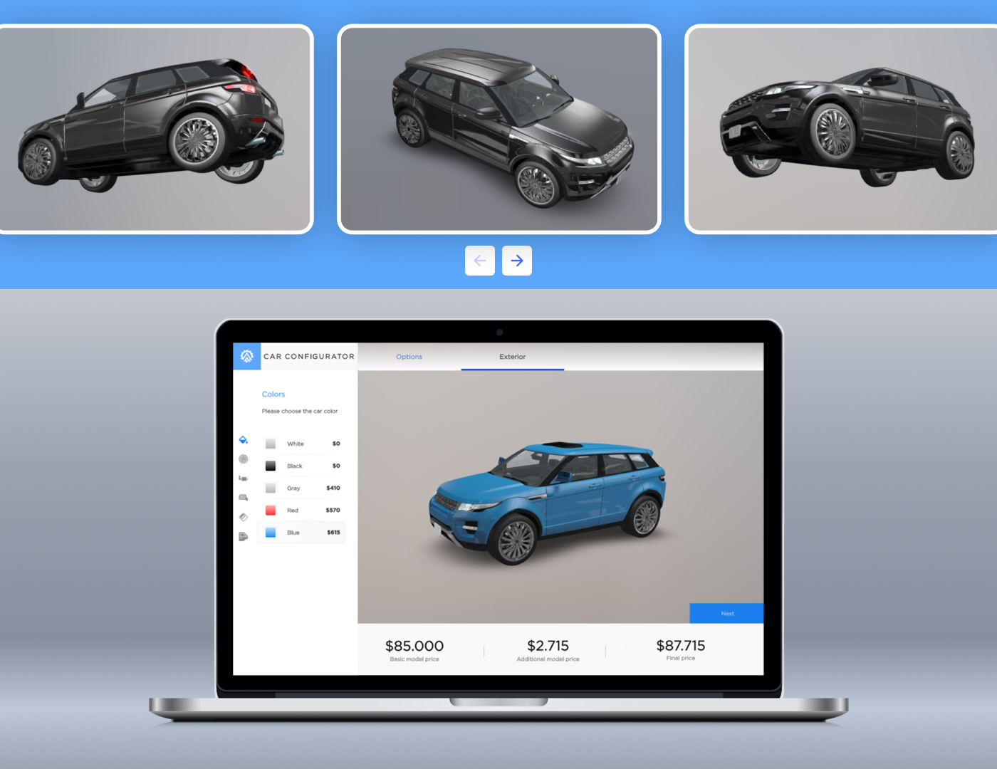 Approach and solution real time 3d car configurator