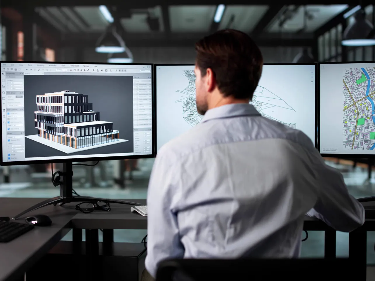 Construction software development with BIM building model on workstation screens