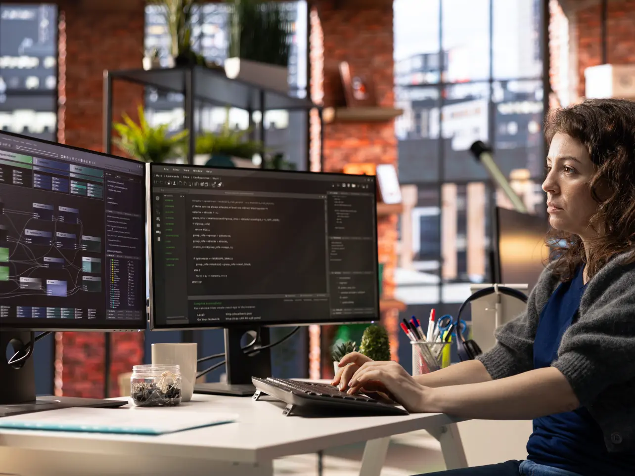 DevOps and cloud engineer managing code and connected infrastructure across multiple monitors