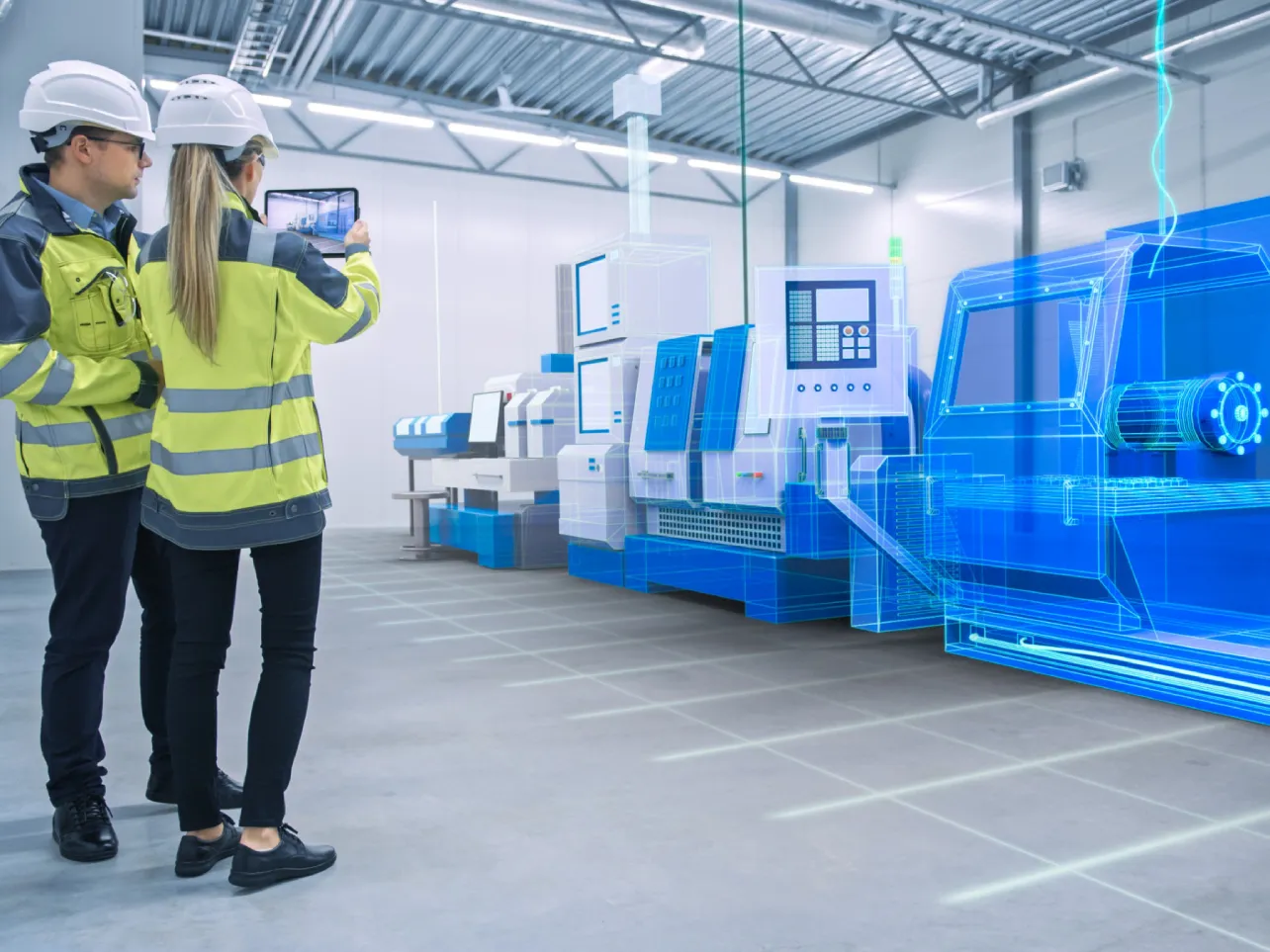 Engineers using a tablet for digital twins development in an industrial facility
