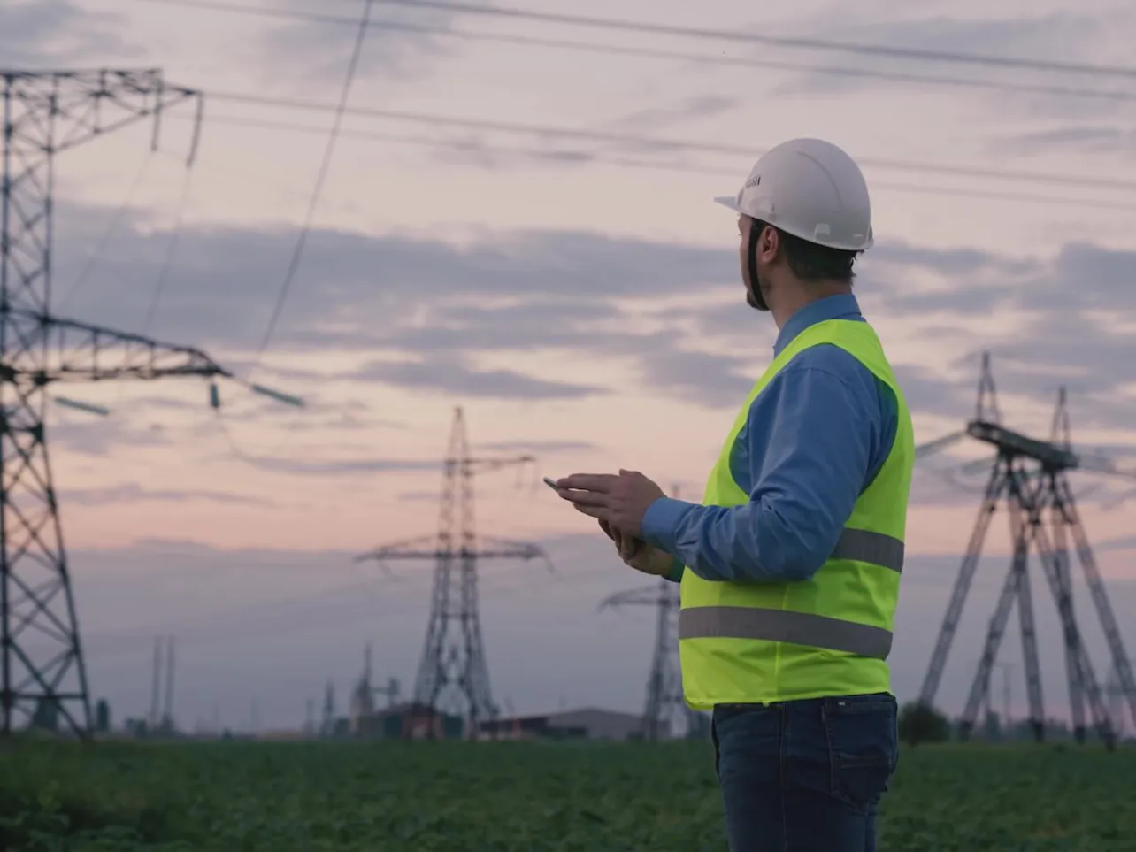 Energy and utilities software development with field worker inspecting power grid infrastructure