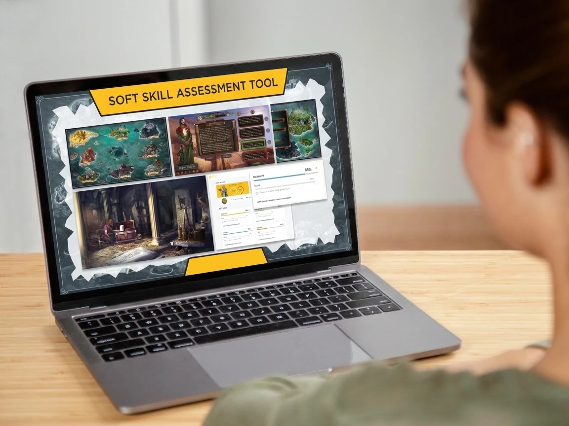 Gamification development services shown through a soft skill assessment tool on a laptop