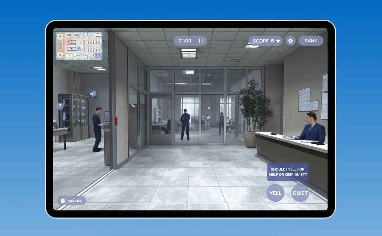 Gamified employee security training simulation in a virtual bank environment