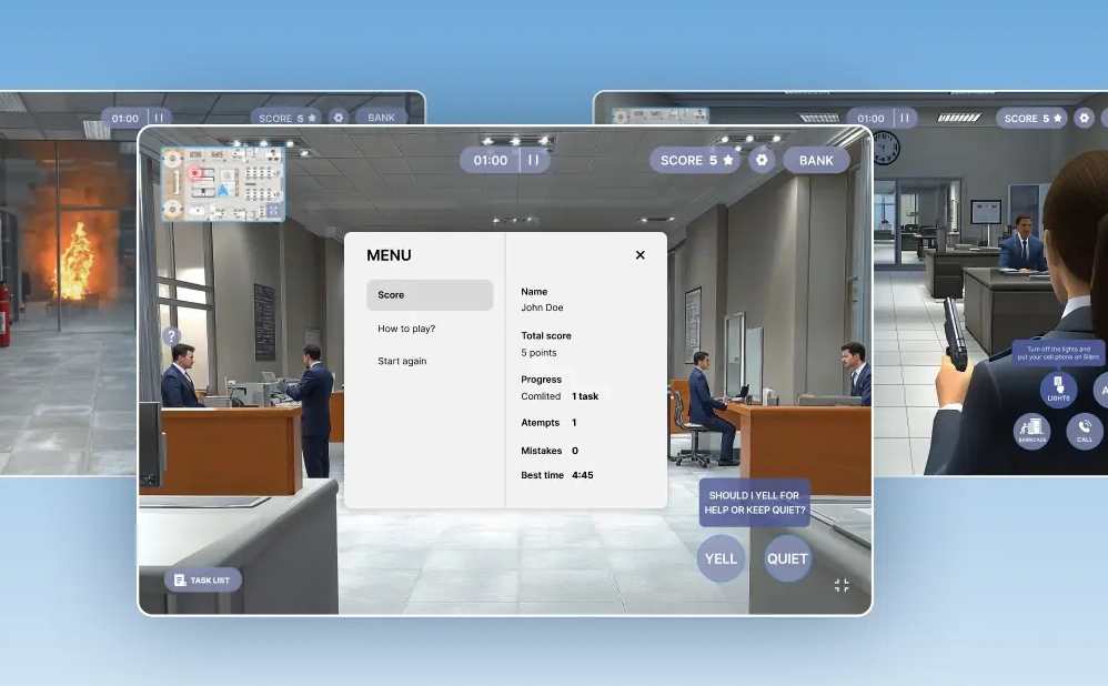 Gamified employee security training simulation with interactive menu and scoring system