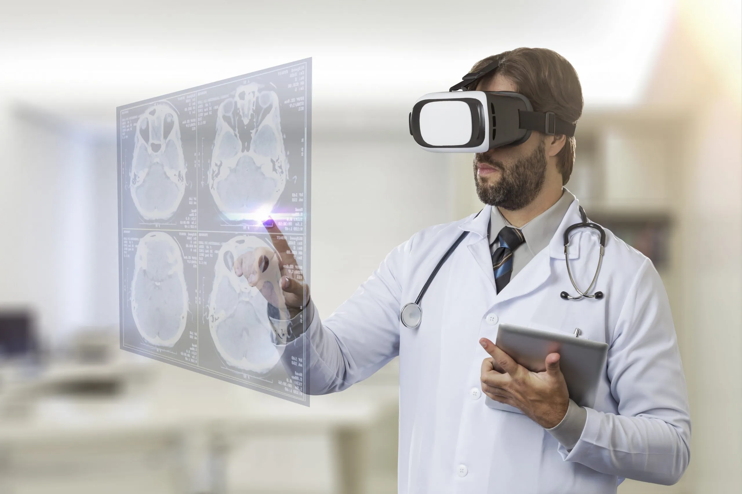 Healthcare software development with VR medical imaging used by doctor