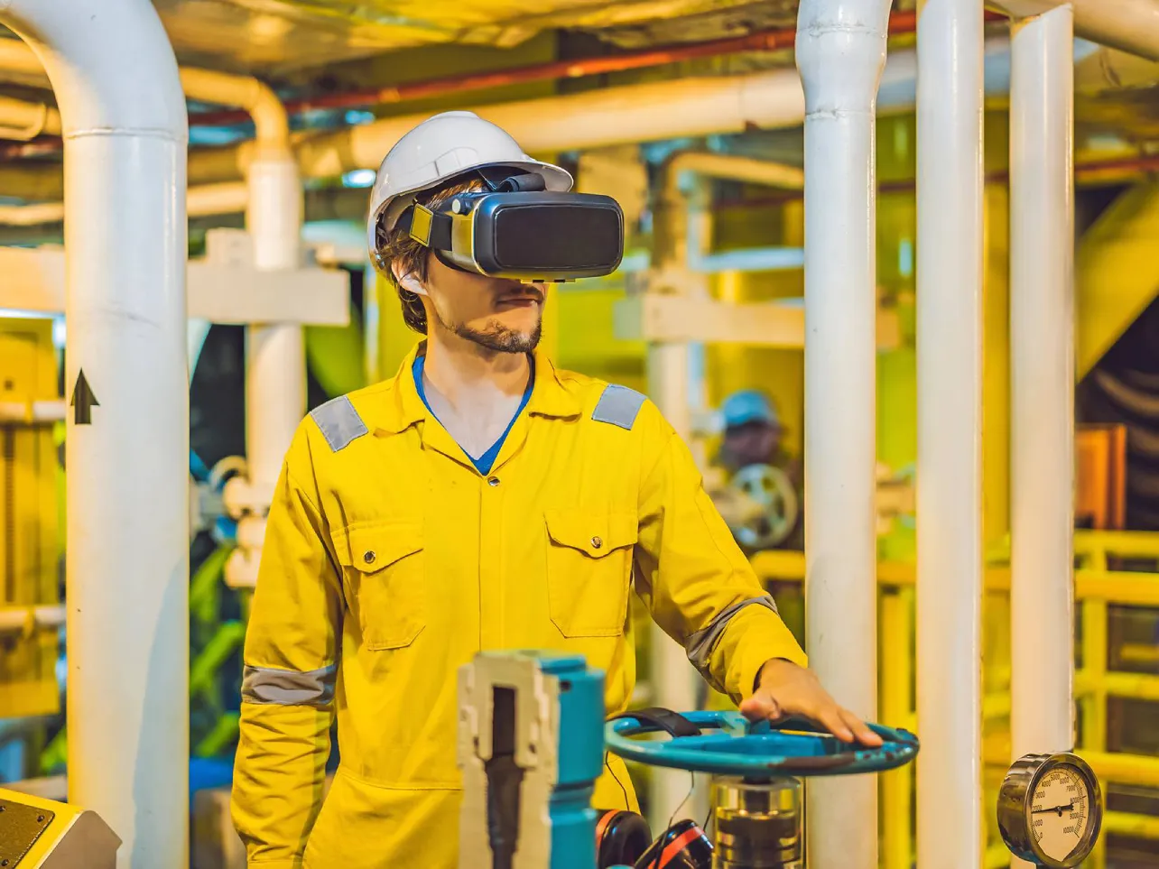 Oil and gas software development with industrial worker using VR for pipeline training