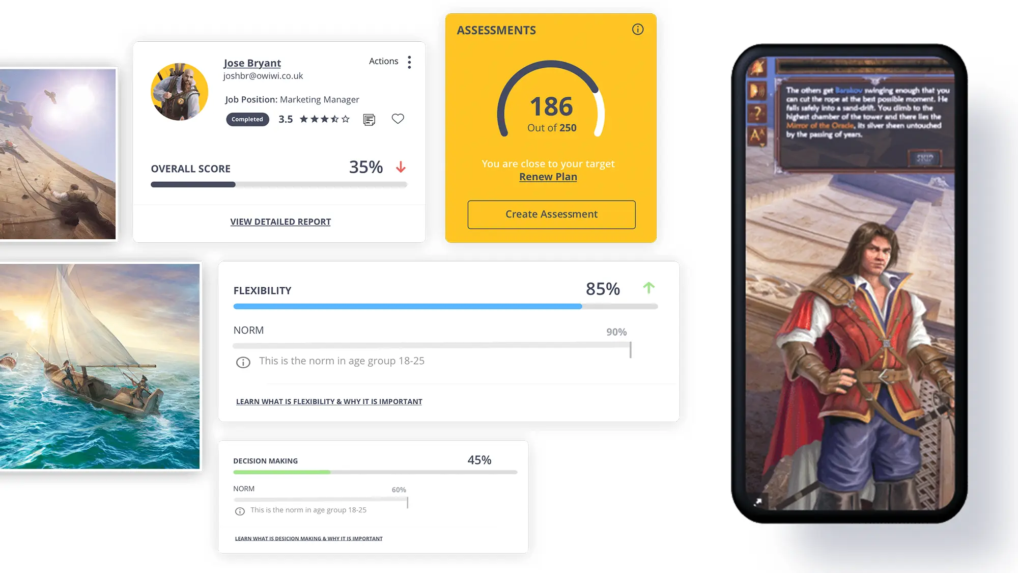 Owiwi gamified soft-skills assessment interface with candidate scores and game scenarios