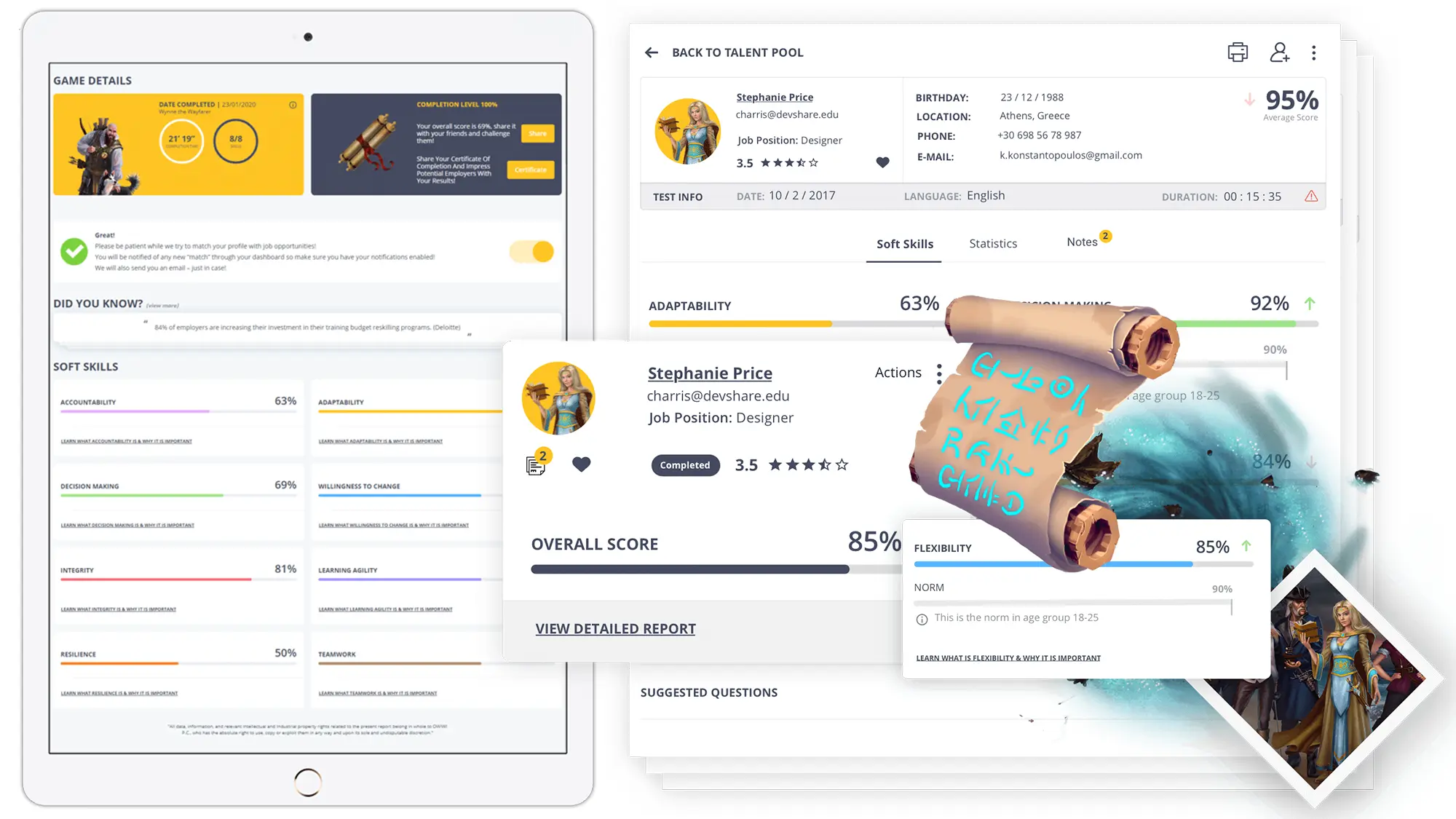 Owiwi soft-skills assessment reports with candidate scores and game-based evaluation