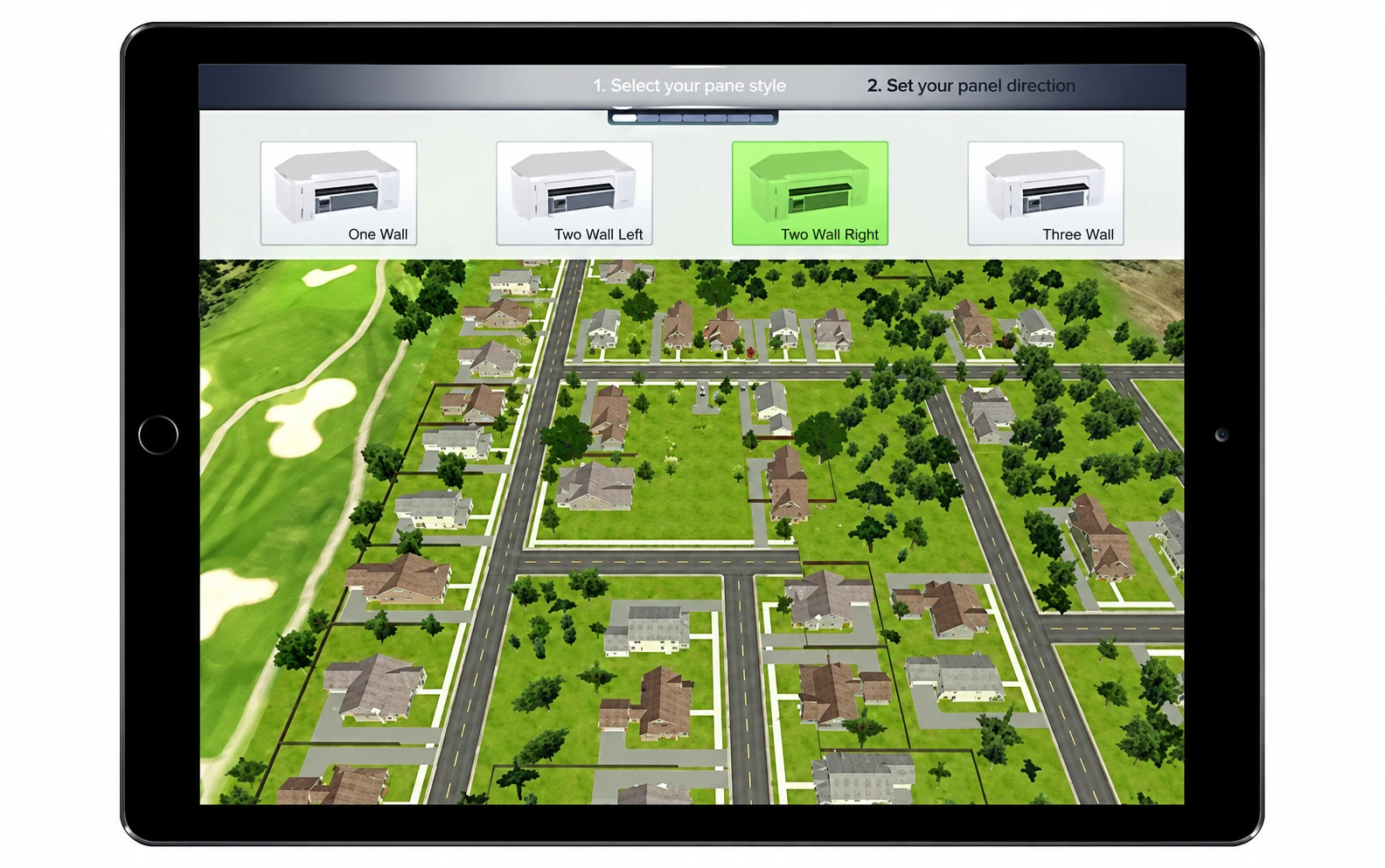 Porch configurator interface showing neighborhood homes and porch wall options on a tablet