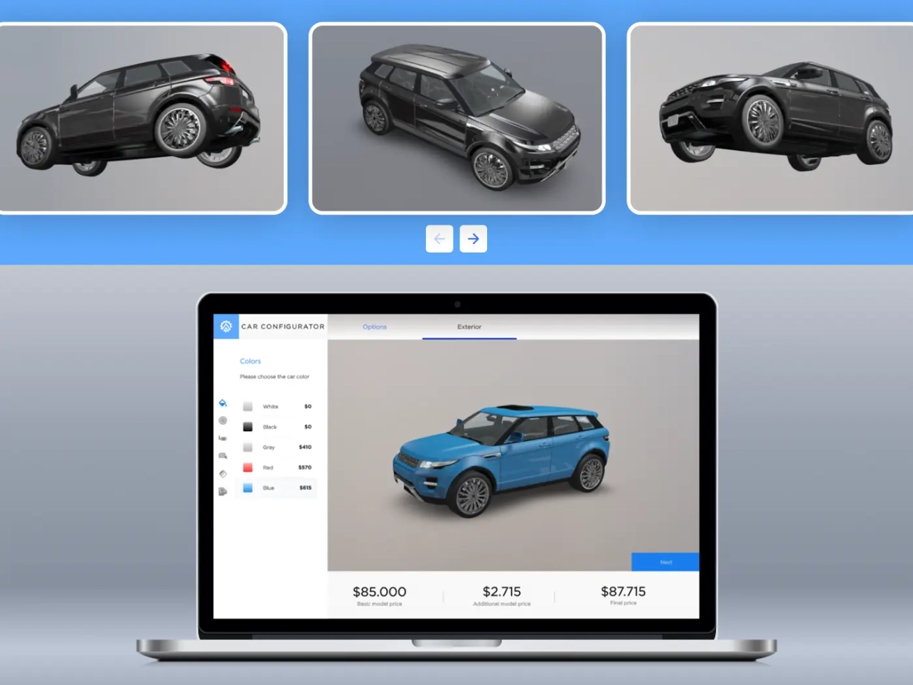 Product configurator development interface showing a customizable 3D car model and configuration options