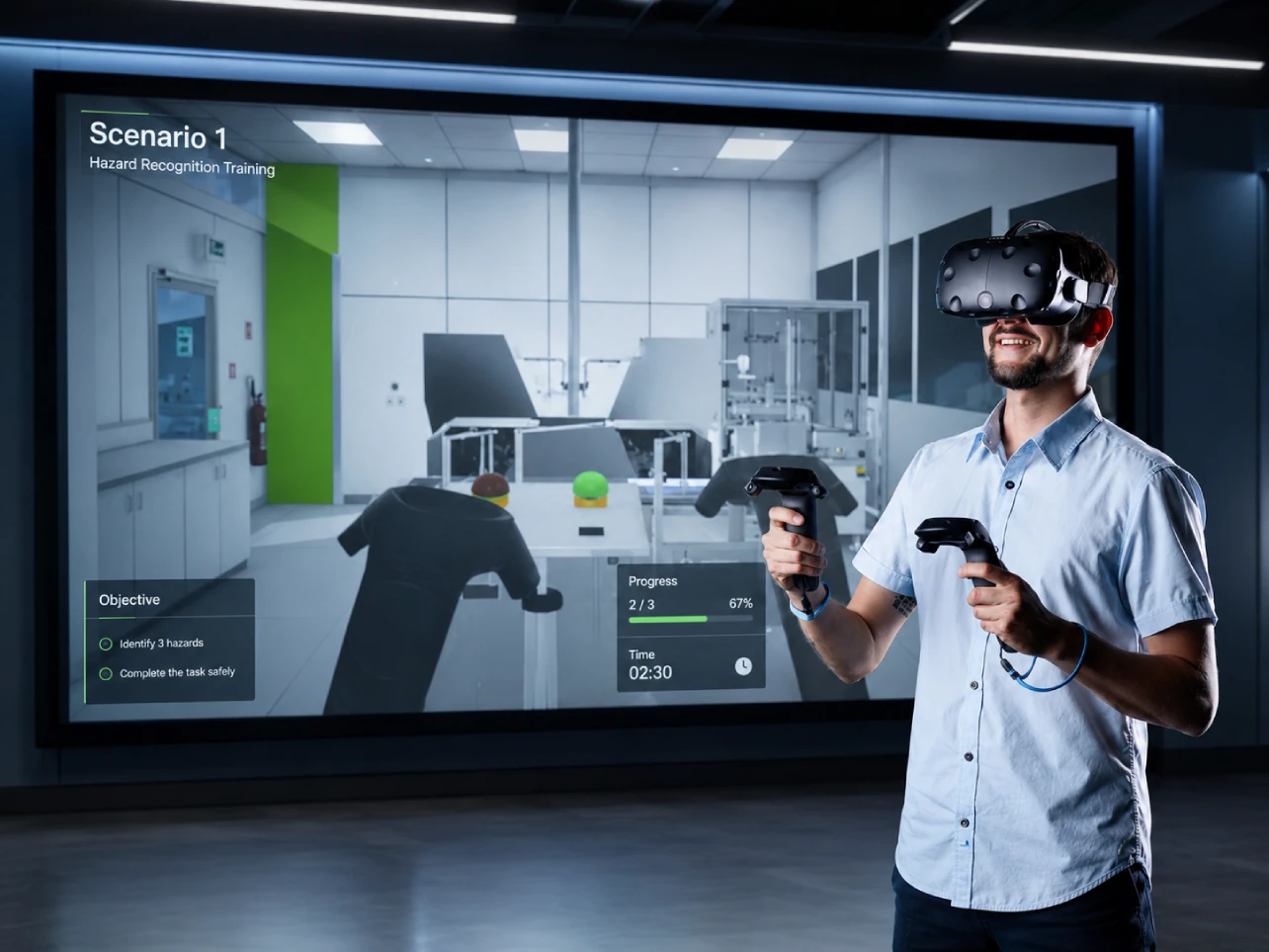 Man using VR controllers in a serious game hazard recognition training scenario