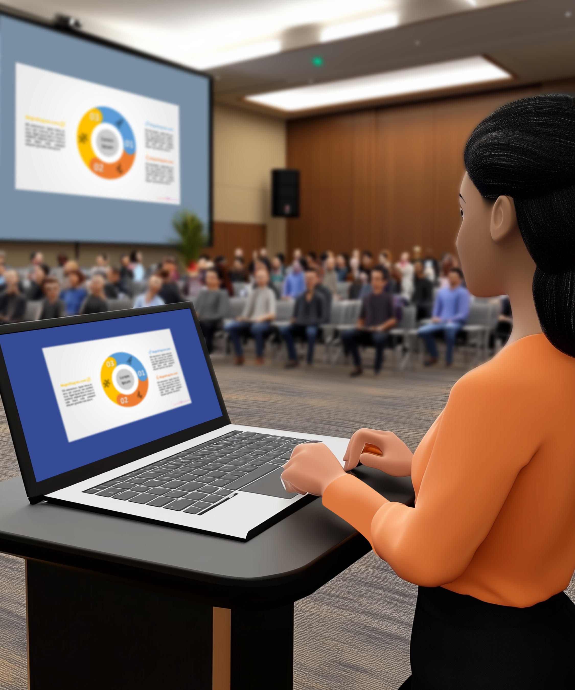 Virtual instructor presenting soft skills training to audience