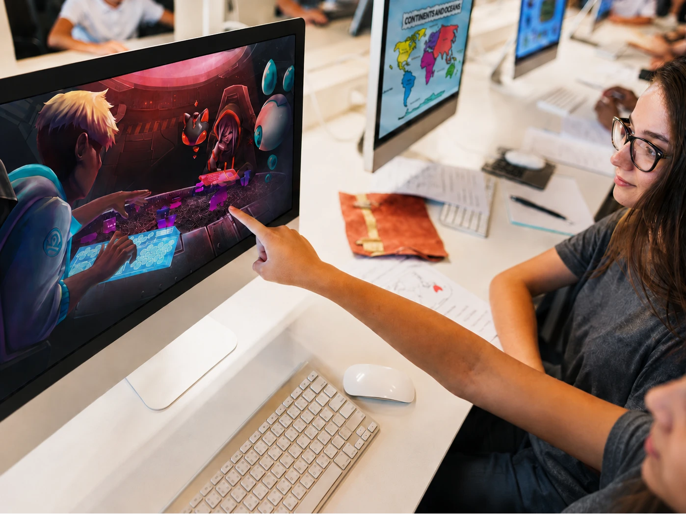 Two characters interact with a holographic keyboard in Program-Ace's educational game World of Haiku