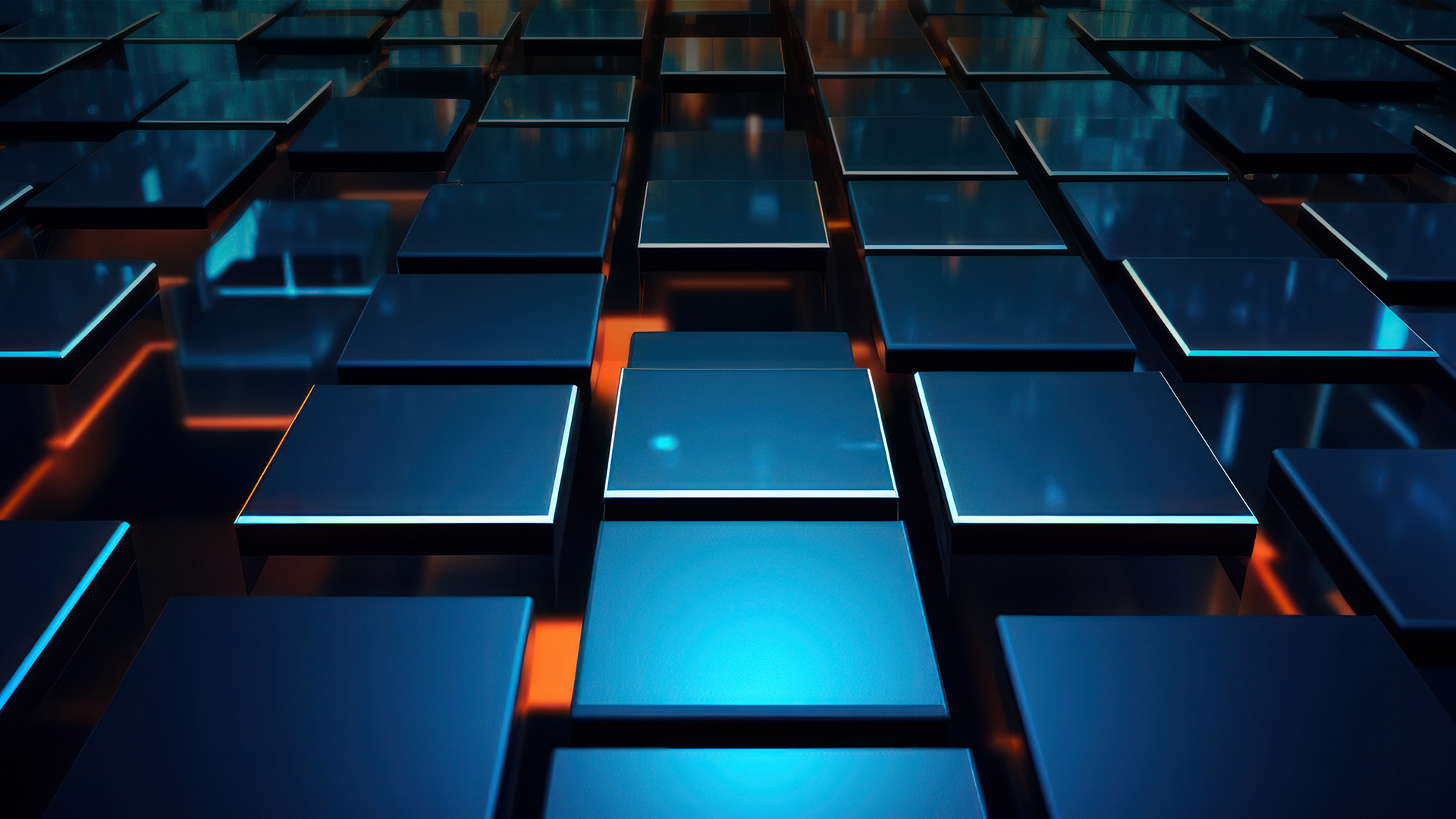 Abstract blue and orange 3D grid representing cross-platform Unity development