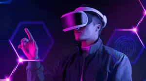 Person using VR headset with futuristic virtual reality technology interface